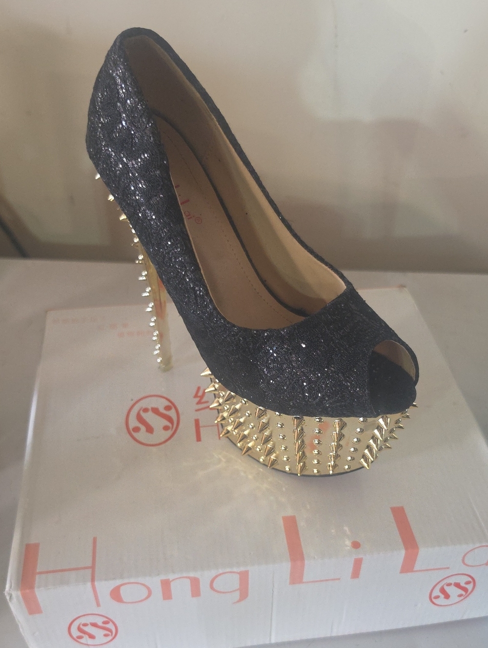 Black Glitter Peep-Toe Platform Pump with Gold Spiked Accents